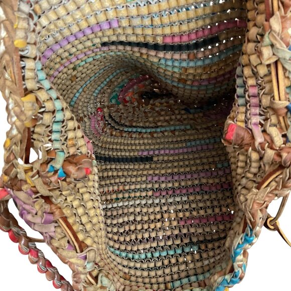 Woven Multicolor Leather Bucket Bag With Drawstring Closure - Picture 8 of 9
